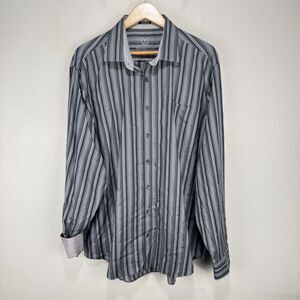 Bugatchi Flip Cuff Button Shirt Men XL Gray Black Striped Classic Fit Cotton